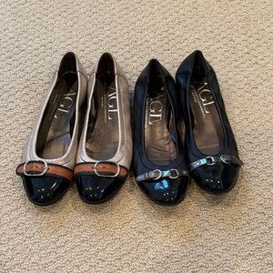 Two AGL Women's Black and Tan Flats with Buckle Detail